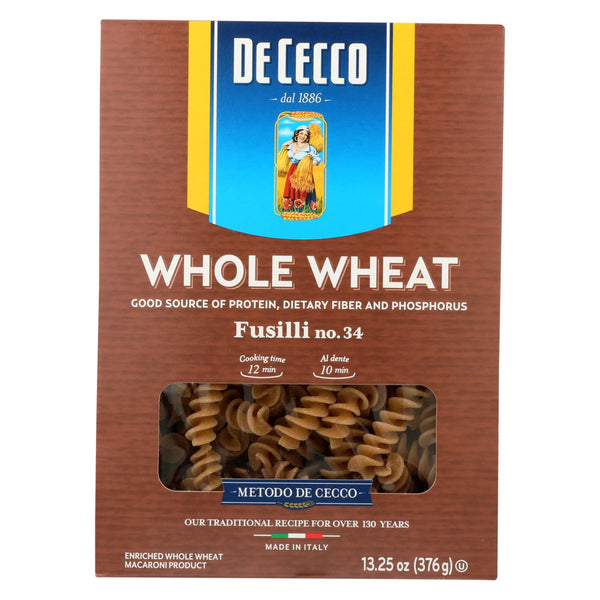 De Cecco Pasta Whole Wheat Fusilli Pasta - Case Of 12 - 13.25 Oz.