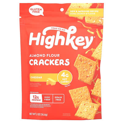 HighKey, Keto Friendly Gluten Free Almond Flour Crackers, Cheddar, 2 oz Pack of 2