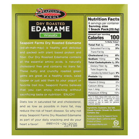 Seapoint Farms, Dry Roasted Edamame, Wasabi, 8 Snack Packs, 0.79 oz (22.5 g) Each 2 PACK