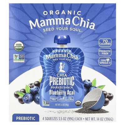 Mamma Chia, Organic Chia Prebiotic Squeeze Snack, Blueberry Acai, 4 Squeezes, 3.5 oz (99 g) Each