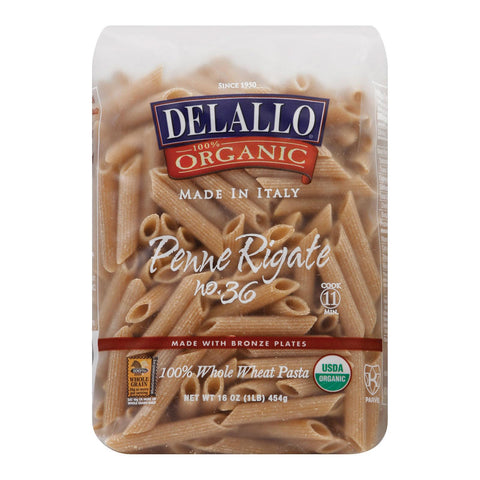 Delallo Organic Whole Wheat Penne Rigate Pasta - Case Of 16 - 1 Lb.